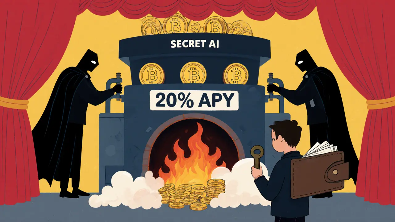 Faceless figures feed tokens into a machine labeled &#039;20% APY&#039; while tokens disappear into a burn furnace.