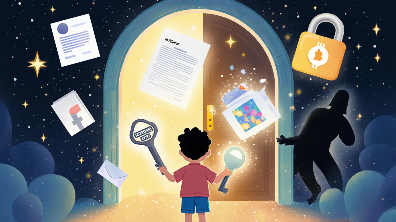 A child holds a wallet key opening a door to a universe of decentralized apps, while Big Tech&#039;s lock breaks apart.