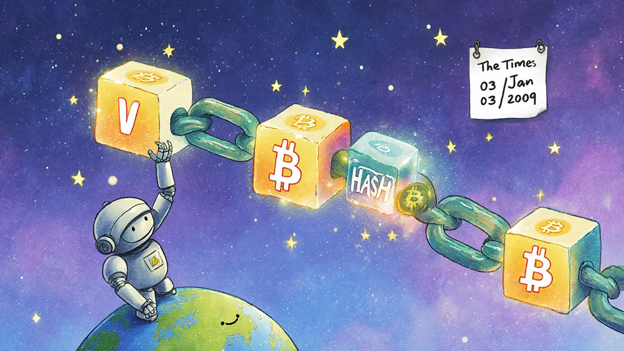 A friendly robot building a colorful blockchain chain among stars with a newspaper headline.