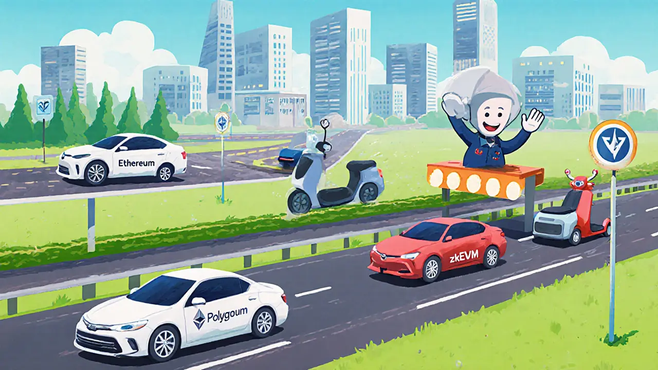 A highway with blockchains as cars and Layer 2 scooters speeding above, under a smart contract toll booth.