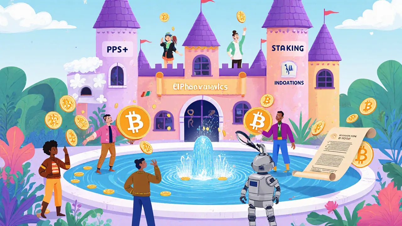 A magical mining pool castle with miners from around the world tossing coins into a Bitcoin fountain, watched by a robot.