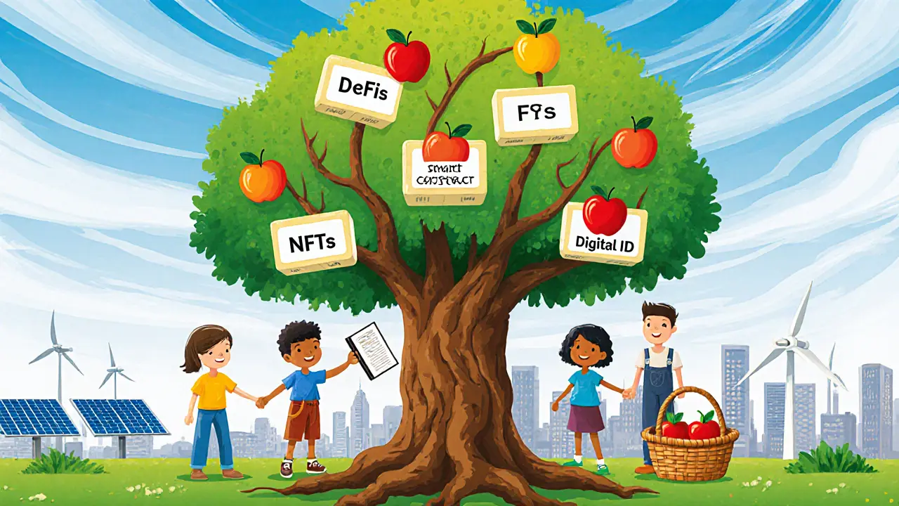 A magical tree with blockchain roots bearing fruits of modern applications, children around it.