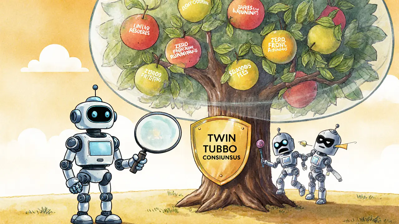 A robot beside a blockchain tree with fruit labeled trading benefits, while sneaky bots bounce off a shield.