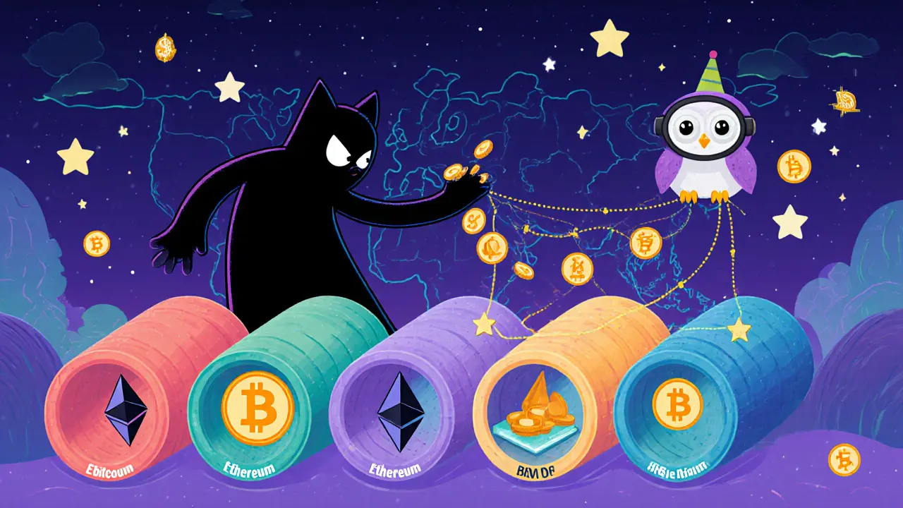 A shadowy figure splits crypto coins through colored tunnels while an owl connects the dots on a map.