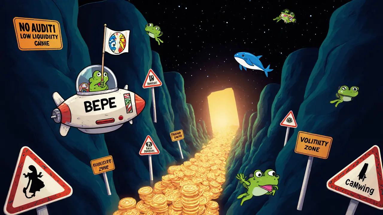 A tiny BEPE spaceship drifts through a risky space canyon, with a glowing portal labeled &#039;Blast Growth&#039; ahead.