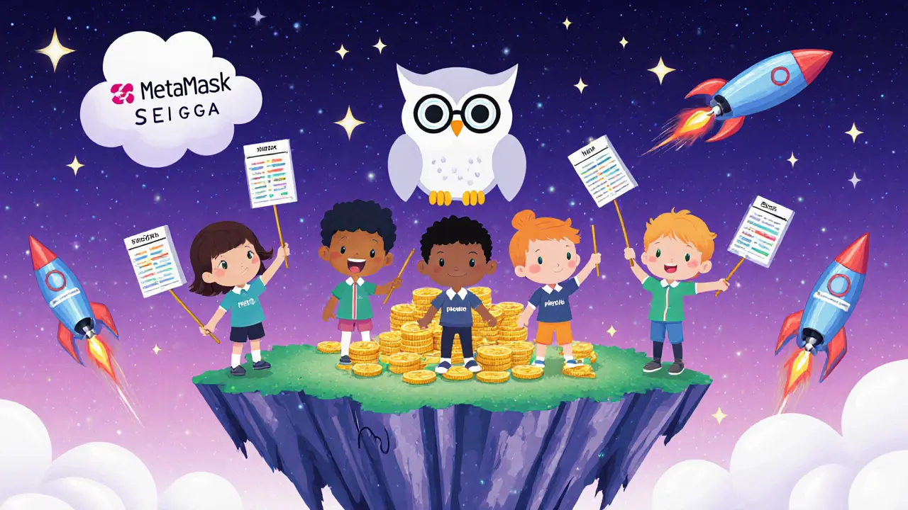 Children using magic wands to create flying order books on a floating island with an AI owl whispering trades.