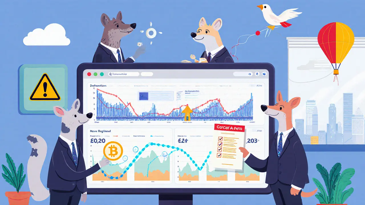 Friendly animals monitor a glowing money trail on a dashboard as a warning bell rings near a risky bridge.