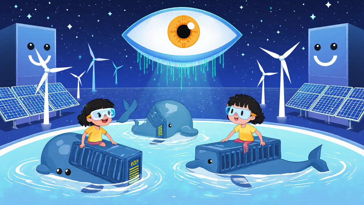 Whale-like ASIC miners floating in a glowing pool, children riding them as an AI eye predicts blocks above solar and wind energy.