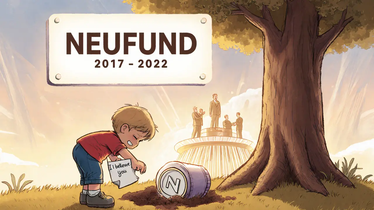 A child buries a NEU token in a time capsule while a new platform rises in the distance.