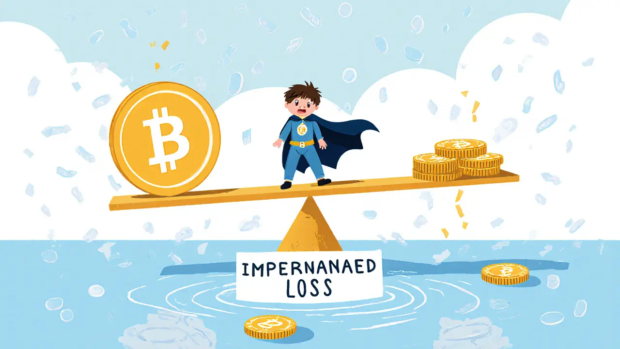 A child on a seesaw balances rising and falling crypto tokens above a warning pool labeled &#039;Impermanent Loss&#039;.