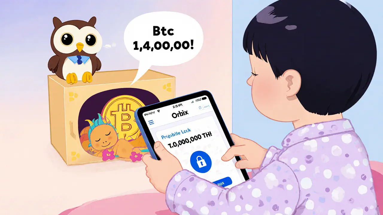 A child using the Orbix app with a sleeping coin in a vault and a price alert balloon floating above.