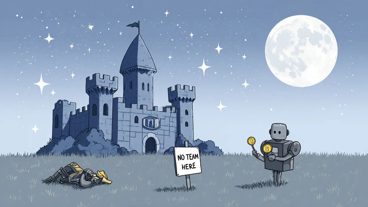 A lonely robot holds a sign near a crumbling blockchain castle, a forgotten NFT knight lies in the grass under a moon-shaped wallet.