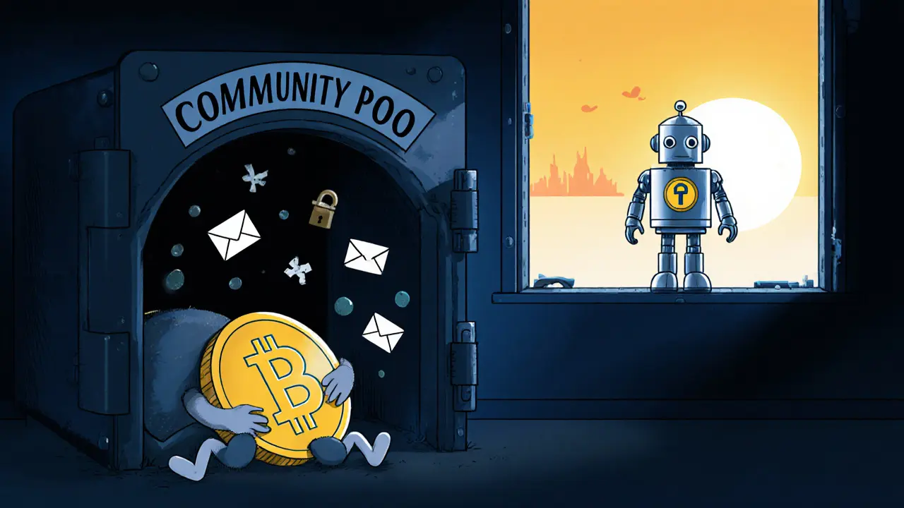 A lonely SLD token sleeps inside a dark digital vault surrounded by forgotten emails and broken network icons.