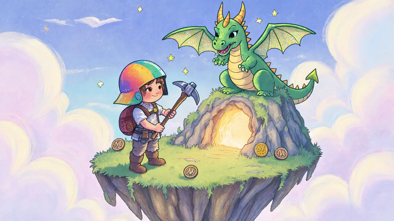 A small adventurer stands before a glowing cave in Sky City, watched by a glittery dragon, MCT tokens sparkling like fireflies.