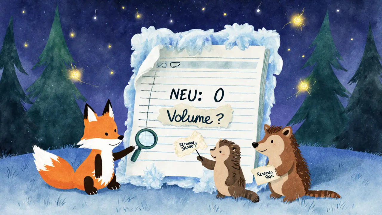 Animals examine a frozen digital ledger showing &#039;NEU: 0 Volume&#039; in a forest at twilight.