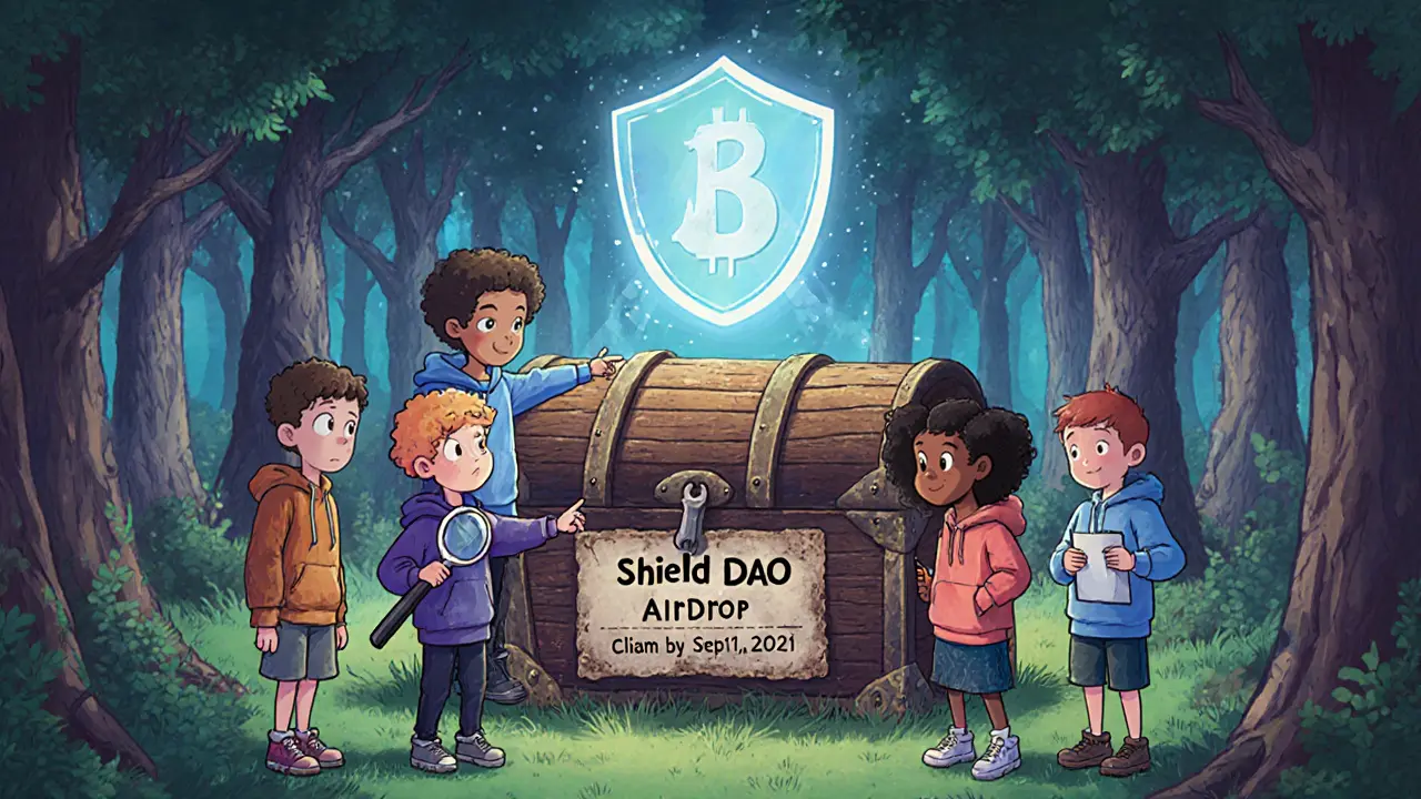 Children stand around a dusty treasure chest labeled &#039;Shield DAO Airdrop&#039; in a magical blockchain forest.