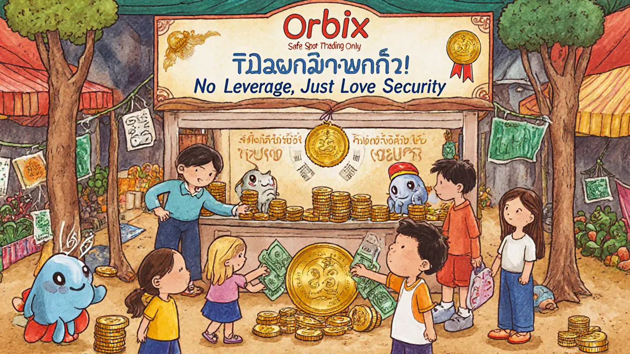 Thai families trading crypto at a safe, leverage-free booth with a golden ISO certification medal above.