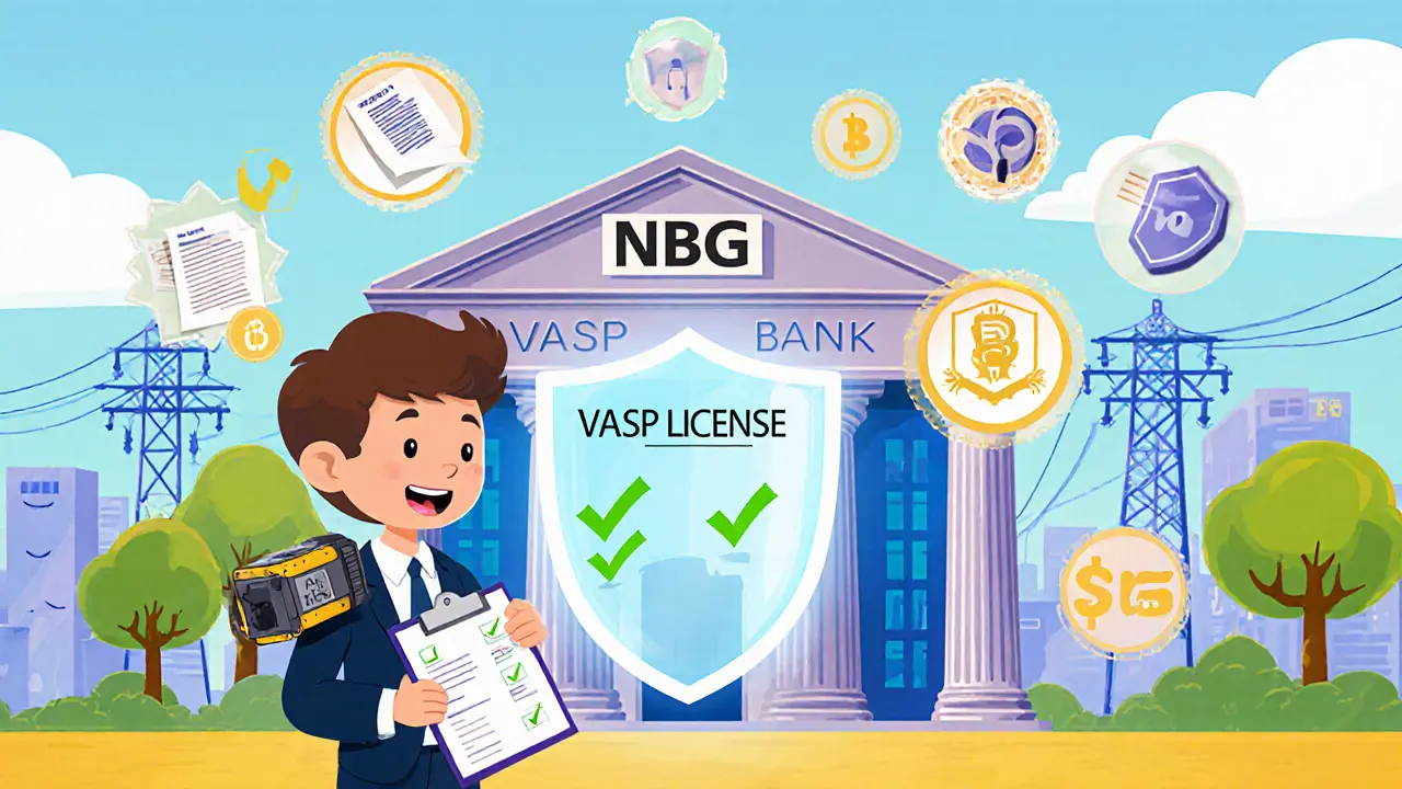 A businessperson holding a clipboard with a mining rig on their shoulder beside a glowing VASP license sign.