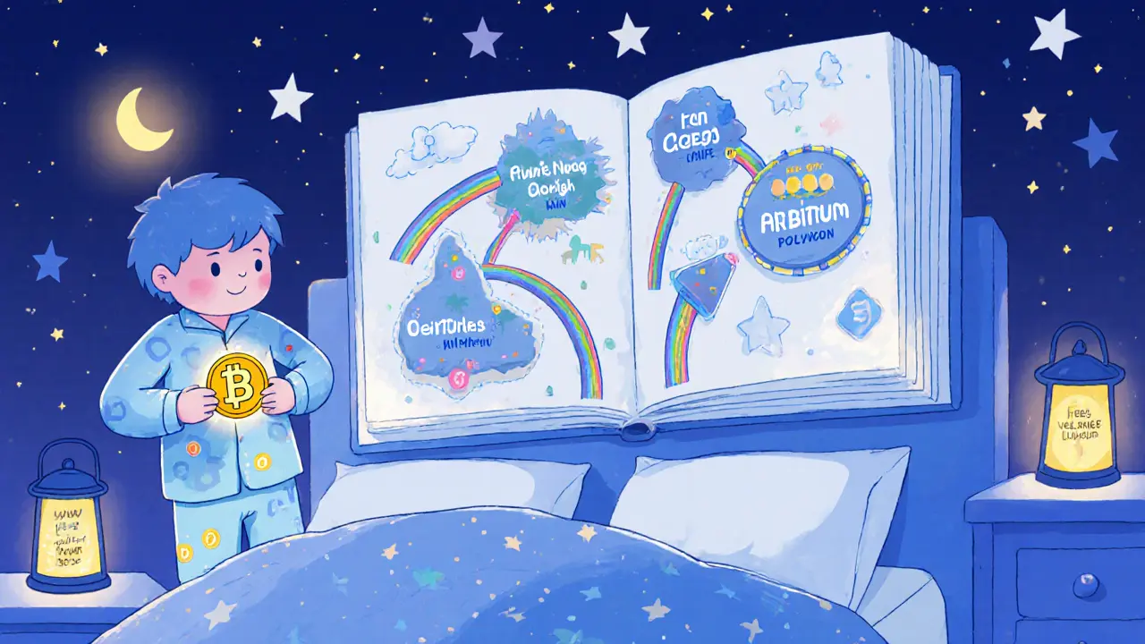A child in wallet-shaped pajamas holding a glowing CAKE token, looking at a magical map of connected blockchain lands under twinkling stars.