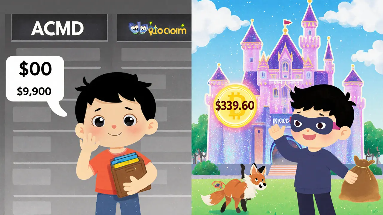 A child sees a <h2>Tokenomics: How ACMD Was Supposed to Last</h2> price tag on one side and a 9.60 price on the other, while a fox sneaks away with fake tokens.