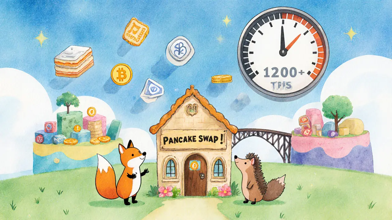 A fox and hedgehog trading tokens at a pancake-shaped stand with floating coins and a speedometer showing high transactions per second.