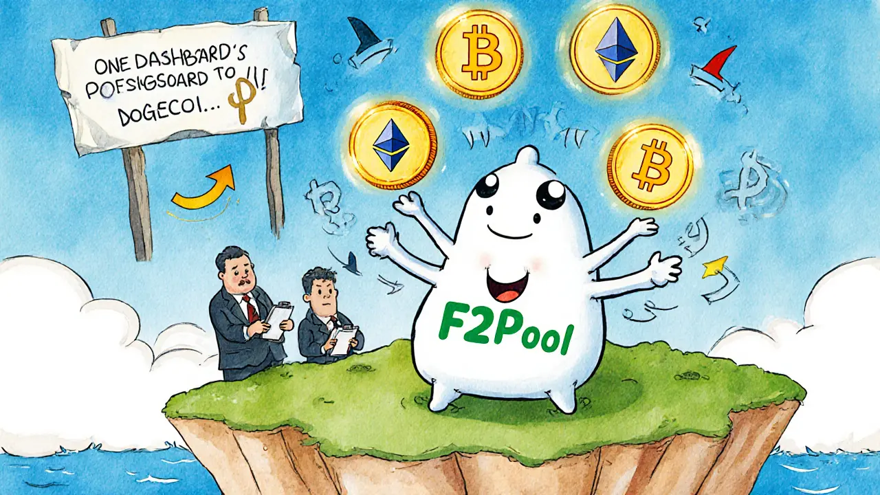 A juggling creature holds five different crypto coins on a floating island with regulators watching.