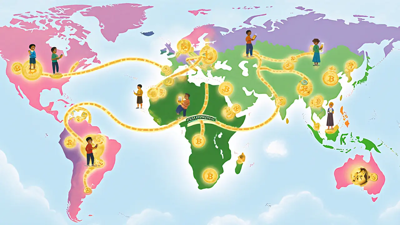 A map of Africa shows glowing crypto connections between cities, with South Africa linked by a golden bridge.