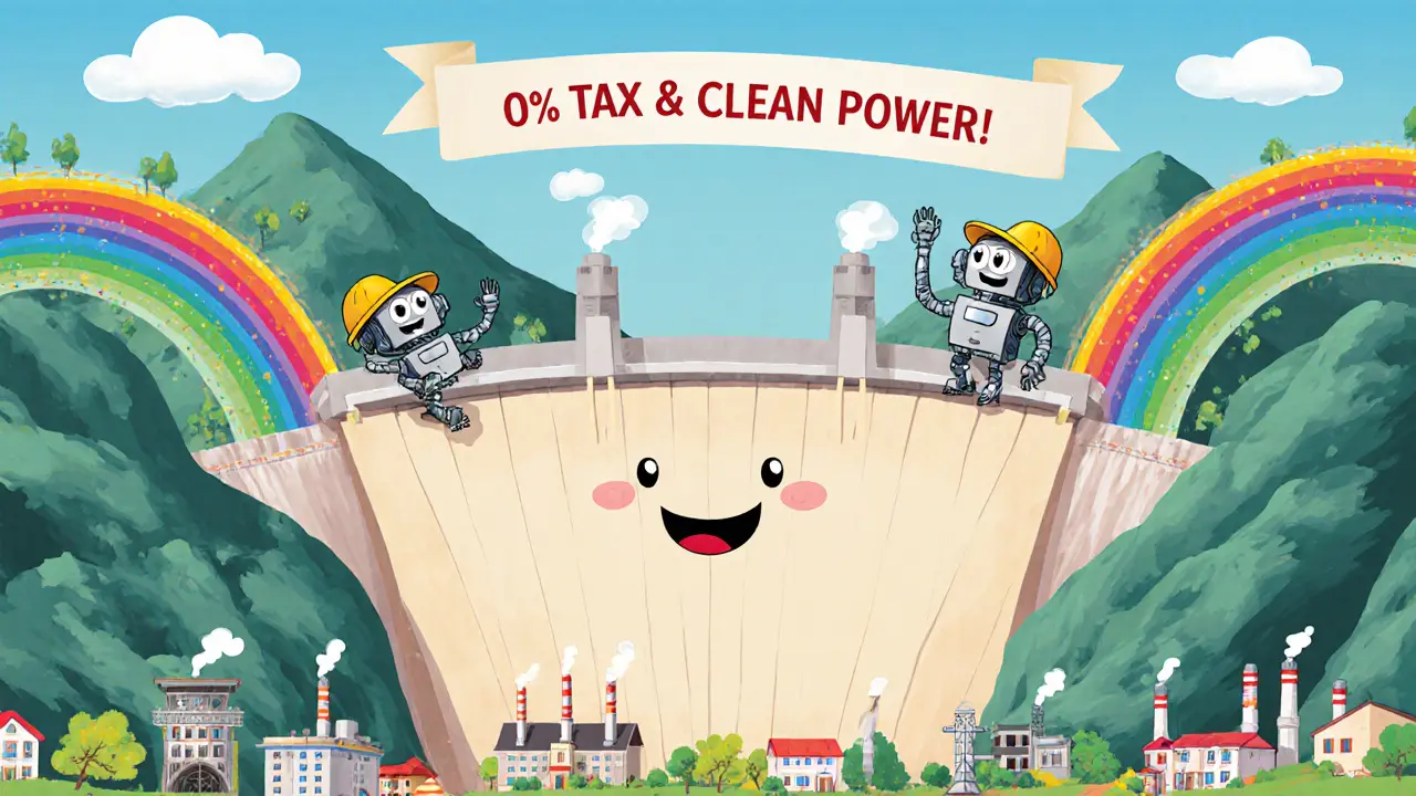 A smiling hydropower dam powering happy mining robots with rainbow energy streams flowing to homes.