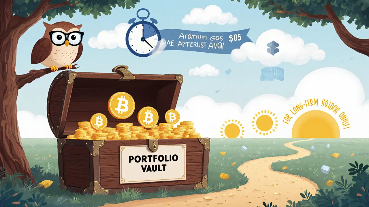 A treasure chest opens to reveal adjusting tokens, watched by a wise owl, as a clock shows <h2>How to Get Started</h2>.05 gas fees and a sun rises over DeFi symbols.