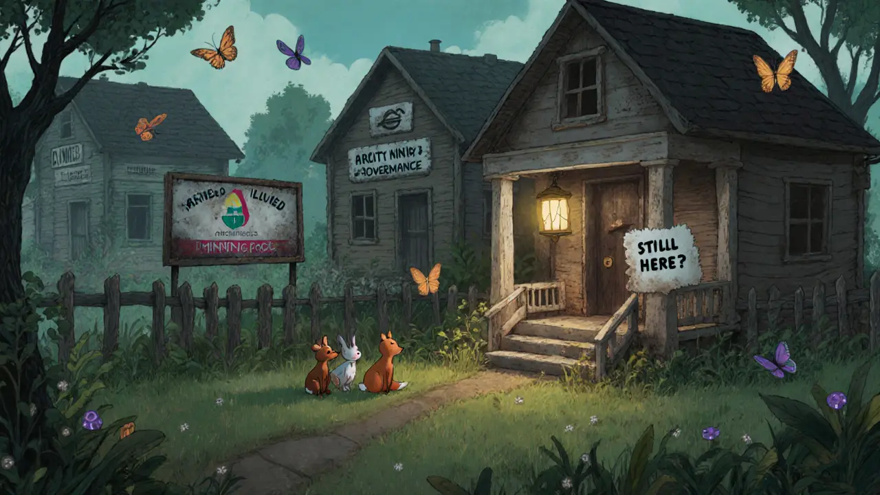 An abandoned DeFi village with glowing lantern and dusty billboard, as curious animals peek through the fence.