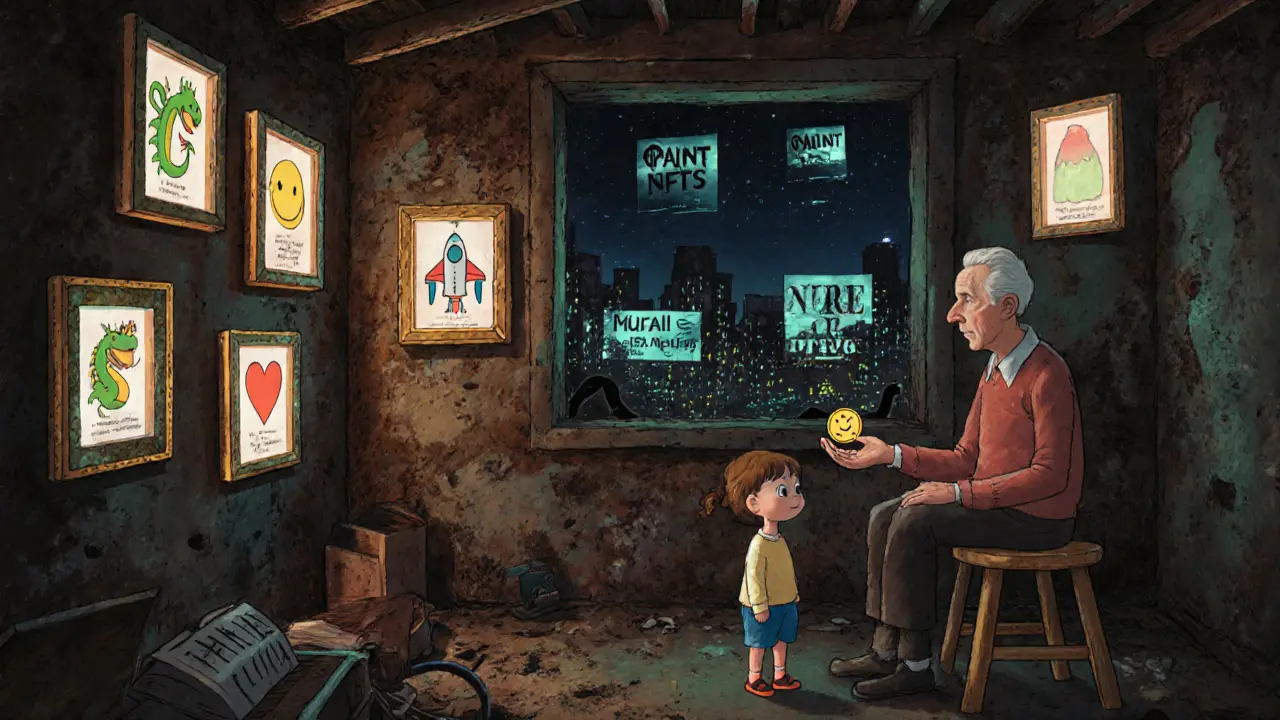 An elder shows a child old NFT artworks stored in glowing frames, as the outside world moves on.