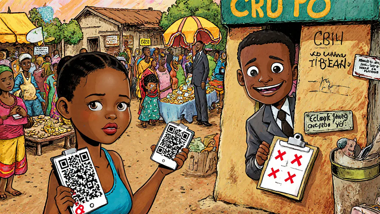 Market vendors accept crypto payments via phone, while a nervous banker watches from behind a rule sign.