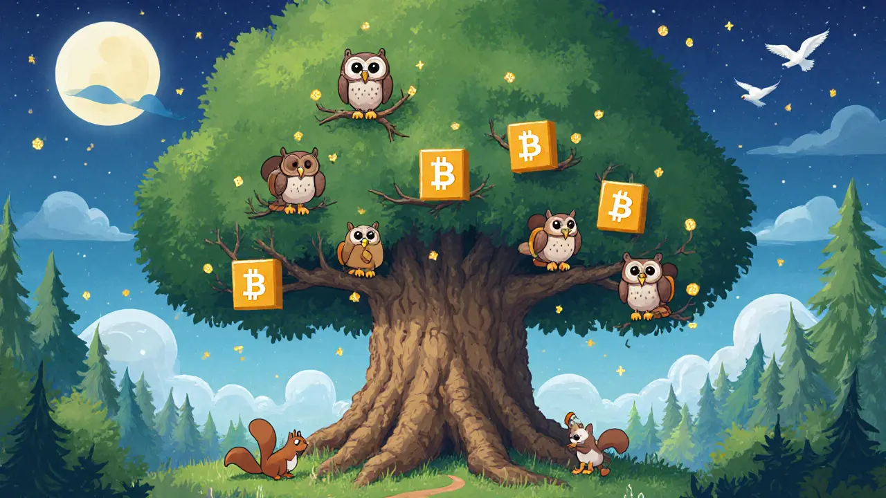 A blockchain tree with owl, squirrel, and bird nodes sharing transactions under the moon.