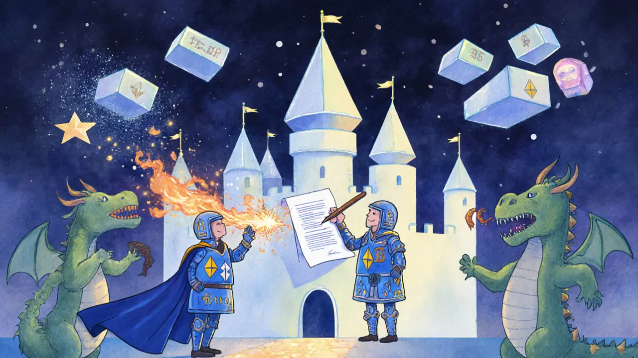 A castle made of Ethereum blocks is guarded by knights, while a dragon&#039;s fire turns to glitter under a star-shaped validator.