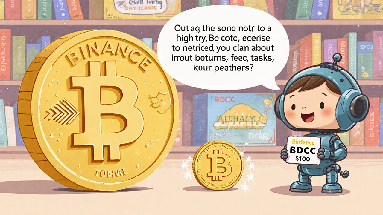 A child chooses a small BDCC coin over a large one, learning about crypto safety beside a friendly robot and library books.