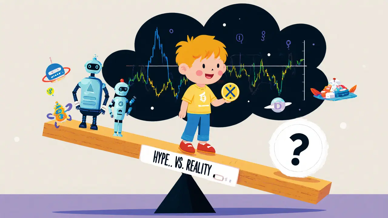 A child on a seesaw labeled &#039;Hype vs. Reality&#039;, one side full of fantasy healthcare, the other side empty.