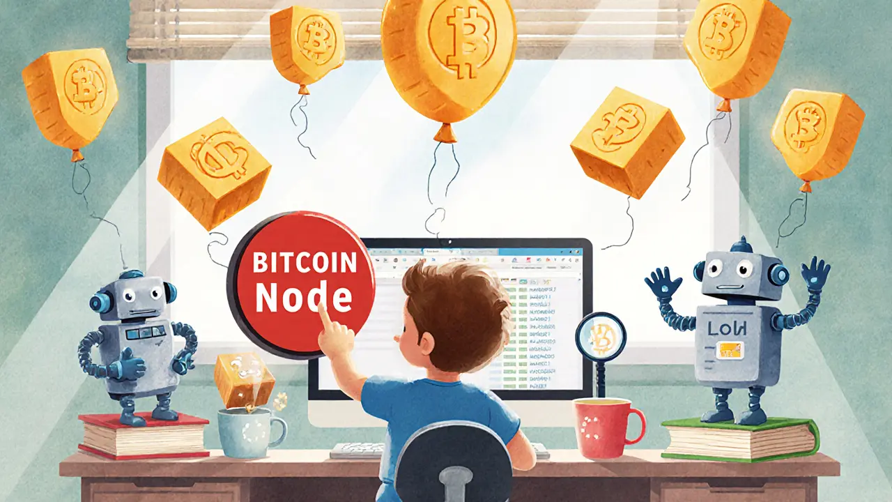 A child pressing a button as data blocks float up, surrounded by smiling robot nodes.