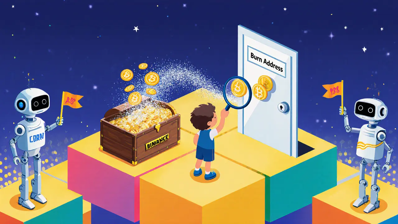 A child uses a magnifying glass to watch tokens vanish into a locked burn door on a blockchain made of colorful blocks.