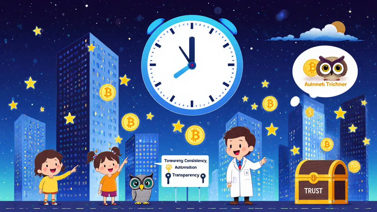 A city of coin-shaped buildings glows as falling stars represent real-time token burns, watched by curious children and a wise owl.