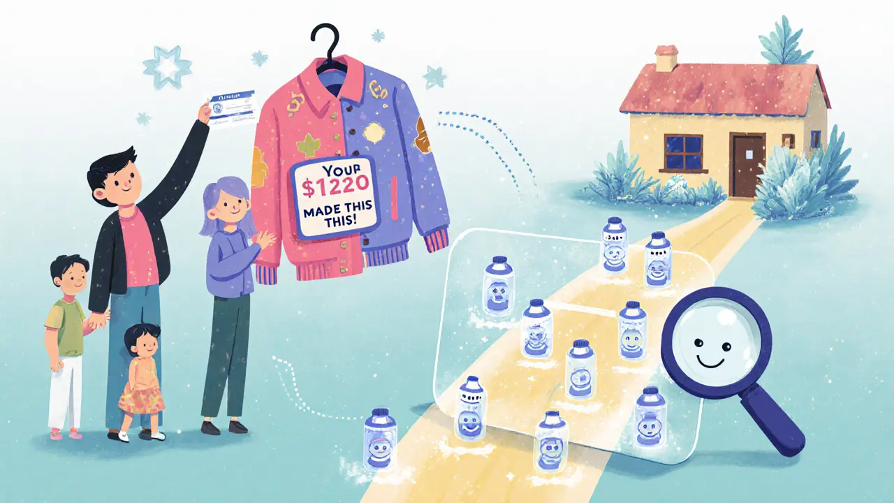 A family&#039;s jacket turns into a blockchain path leading to water filters in a village, with glowing receipts and smiling faces.