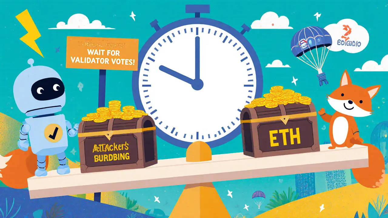 A robot and fox balance treasure chests on a seesaw, with a clock showing finality epochs and interconnected blockchains in the background.