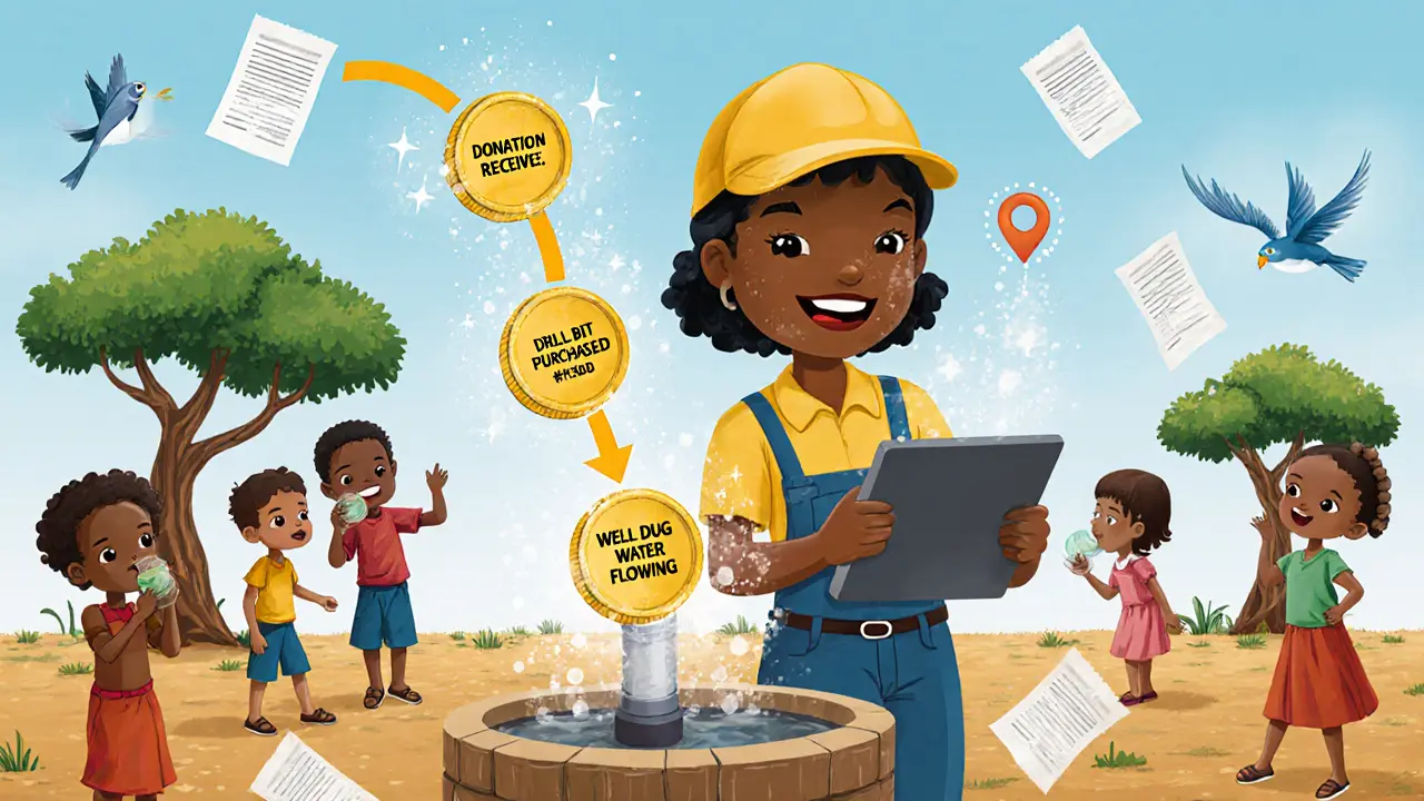 A worker in Kenya watches a magical chain of coins show each step of a well being built, with children drinking clean water.