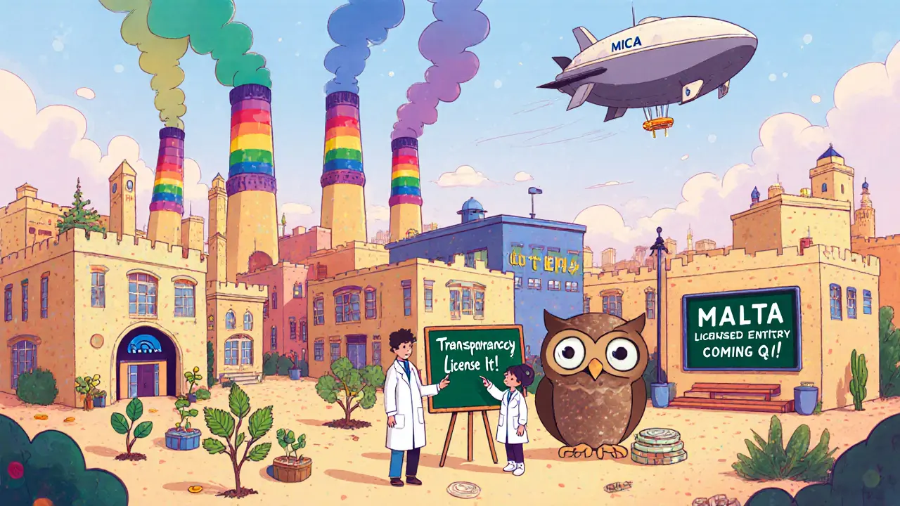 A cheerful crypto town with compliant buildings and a registry sign for licensed entities.