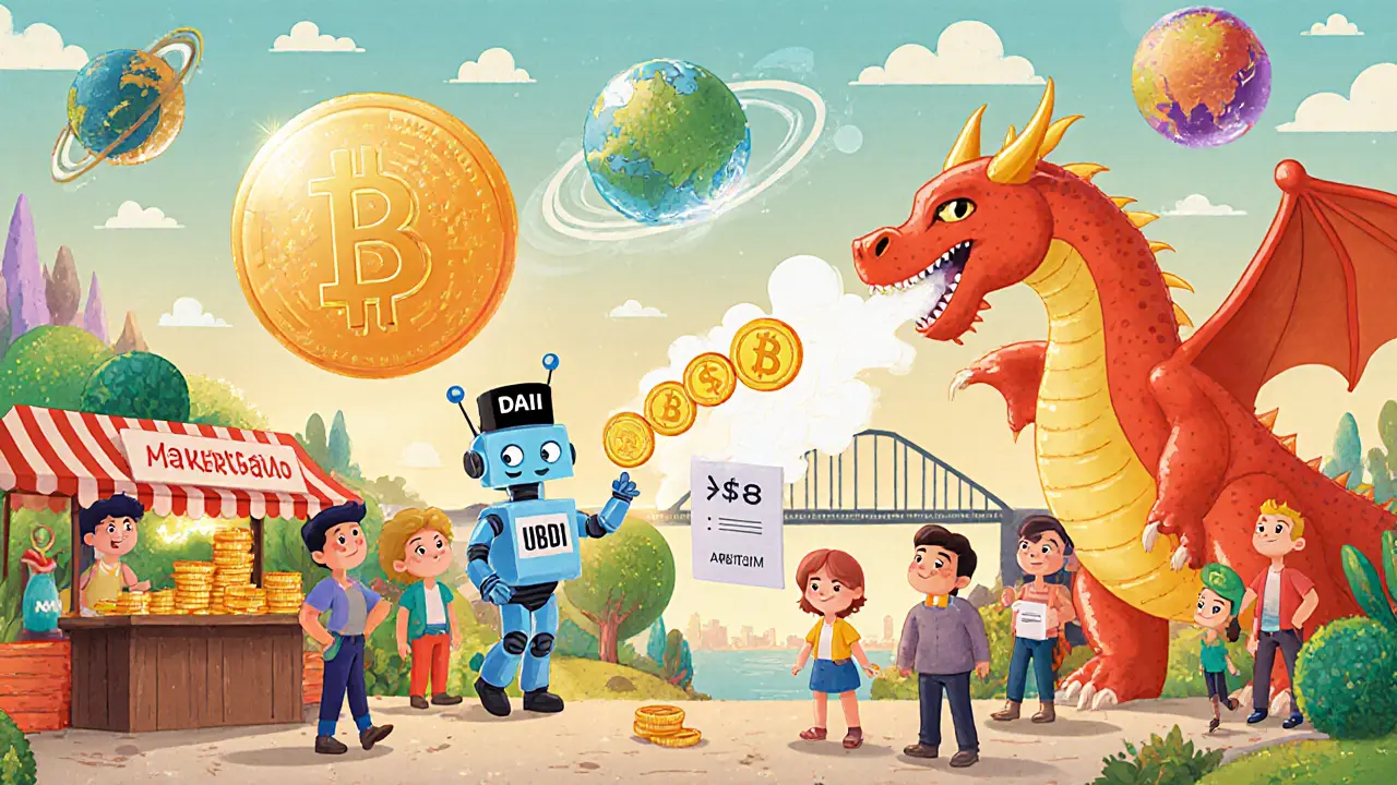 A colorful decentralized town where citizens trade DAI, a robot votes, and a bank failure dragon vanishes.