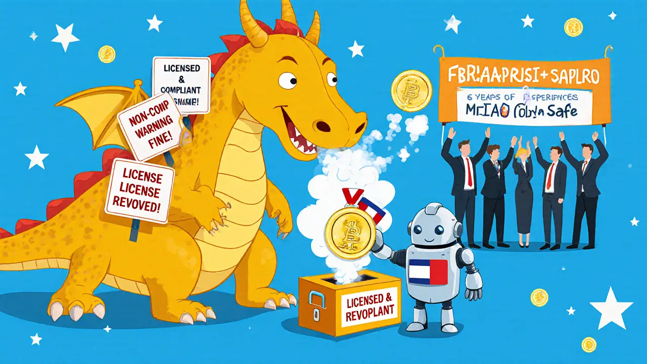 A dragon of non-compliance is defeated by a robot receiving a compliance medal.