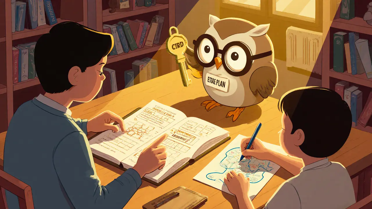 A family studies a glowing crypto ledger at home, with a wise owl guiding them to create a treasure map for digital inheritance.
