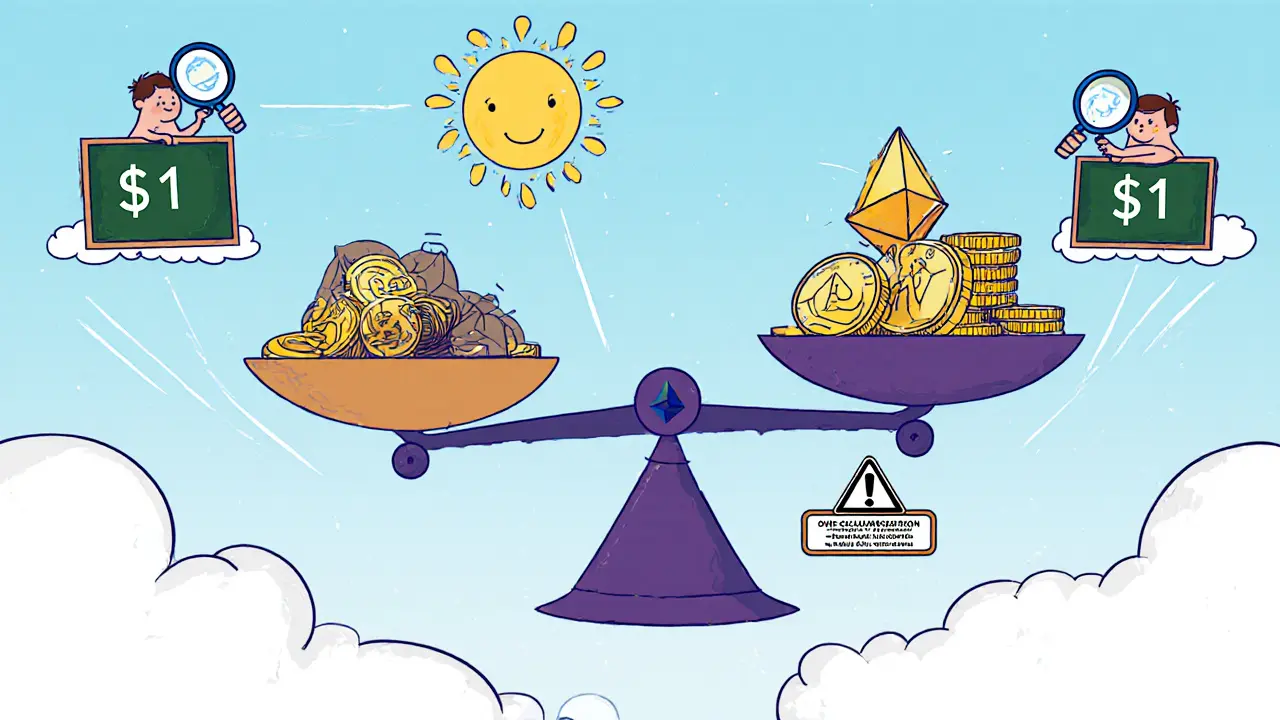 A whimsical balance scale with Ethereum and DAI coins, checked by cartoon characters with magnifying glasses.