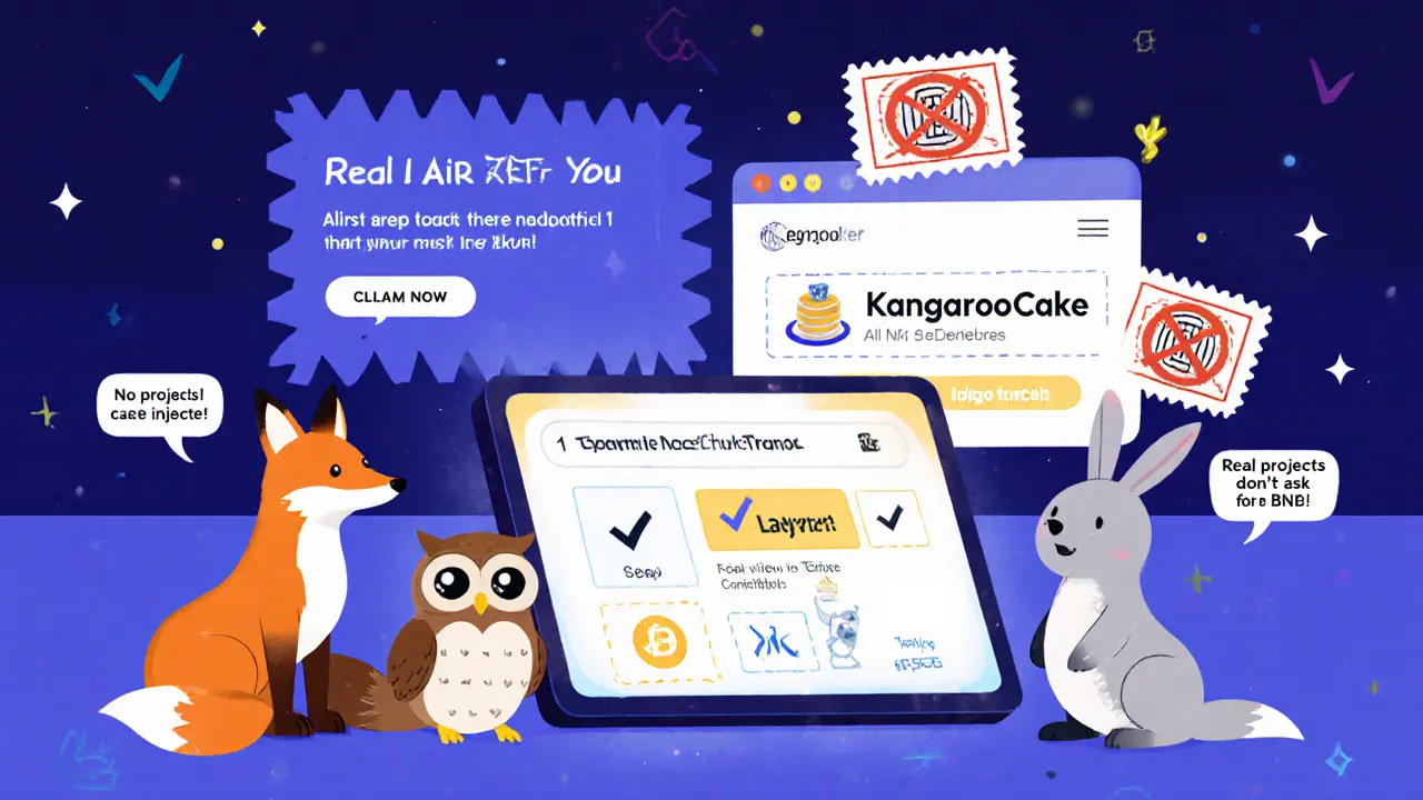 Animals examine real airdrop projects on a tablet while a fake website is stamped with &#039;NO&#039;.