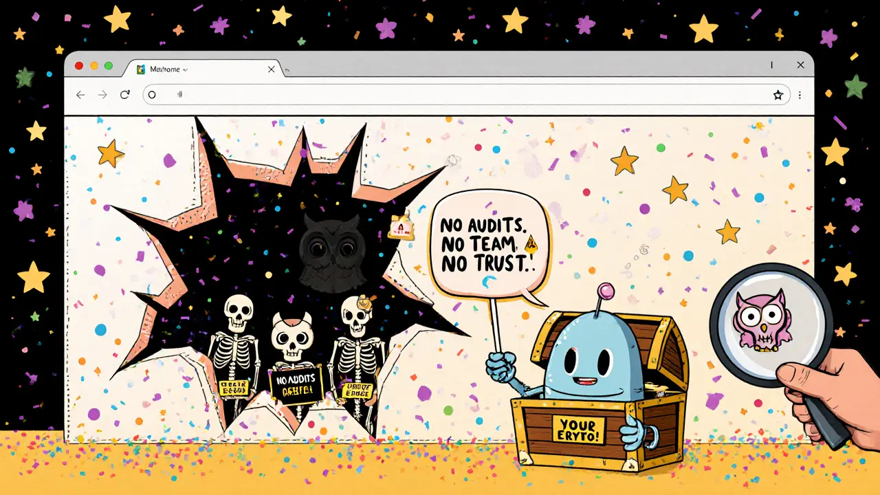 A cheerful crypto website with a treasure chest, hiding a dark void with &#039;404 ERROR&#039; signs behind it.