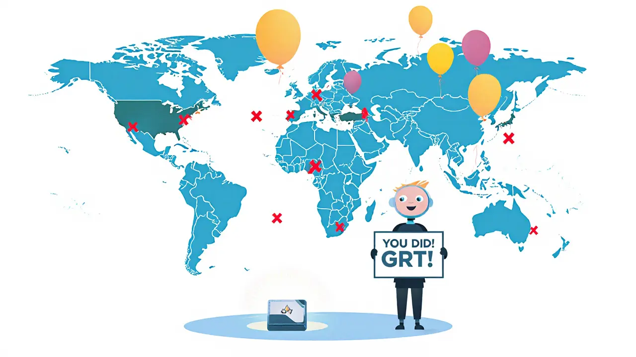 A child and robot celebrating after claiming 10 GRT tokens with eligible countries lit up.